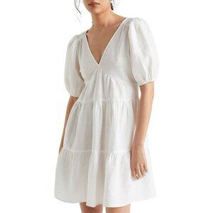 Seed Heritage Dress Womens 10 White Linen Tiered V-neck Tie Back Mini Boho